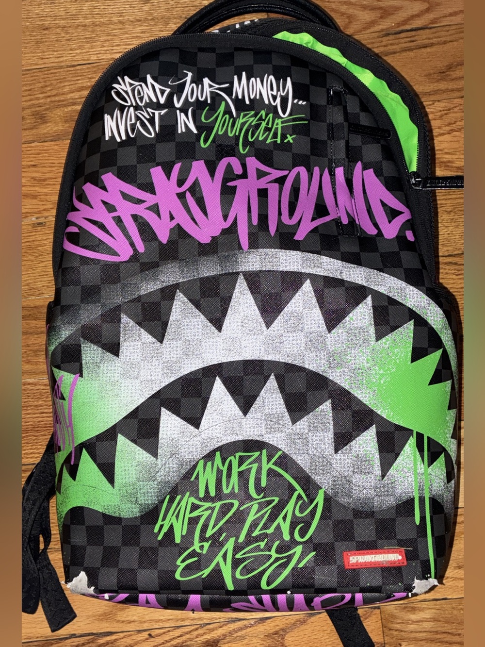 Sprayground Black Backpack with Green & Purple Graffiti Shark